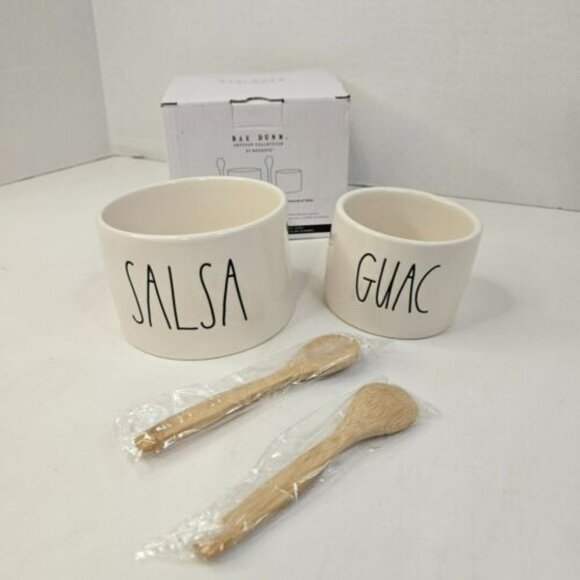 Rae Dunn Guacamole And Salsa Bowl Set Ceramic Dip Bowls 2 Bamboo Spoons - Picture 1 of 12
